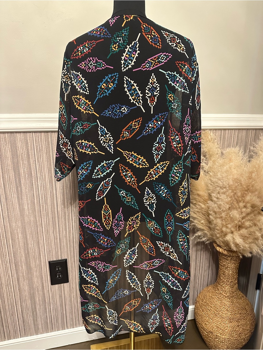 Boho Sheer Feather Print Kimono Duster Medium High Low Festival Cardigan Black - Picture 6 of 7